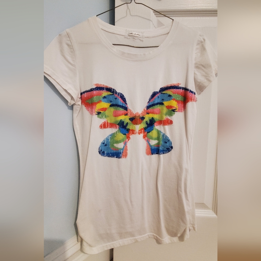 White Tee with Colorful Sequin Butterfly Detail